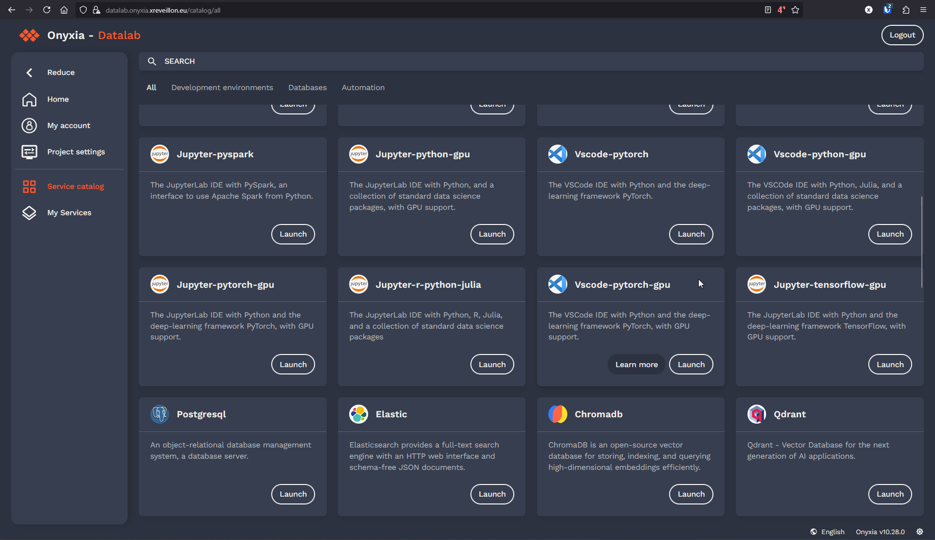 List of available services in Onyxia