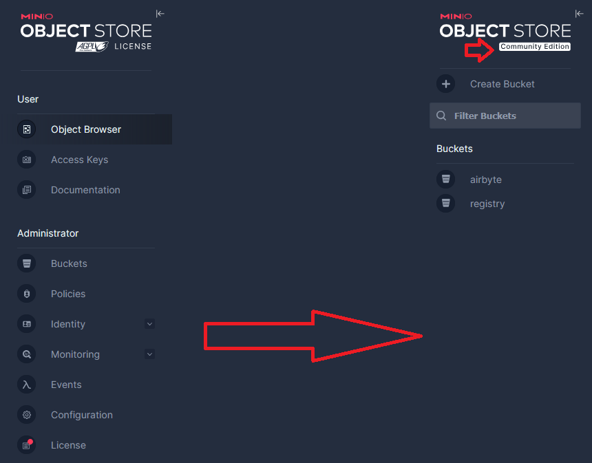 Image showing that admin functions have been removed and the logo changed to indicate a ‘community’ version
