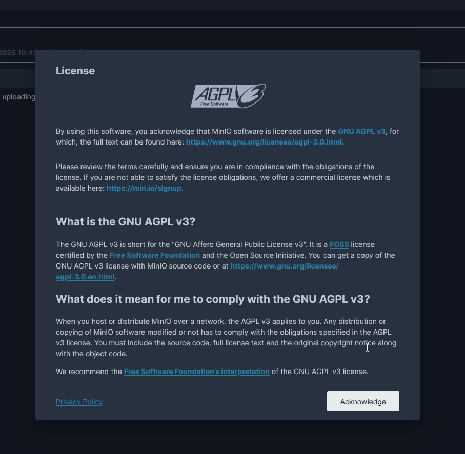 Message explaining the AGPL license displayed at login
